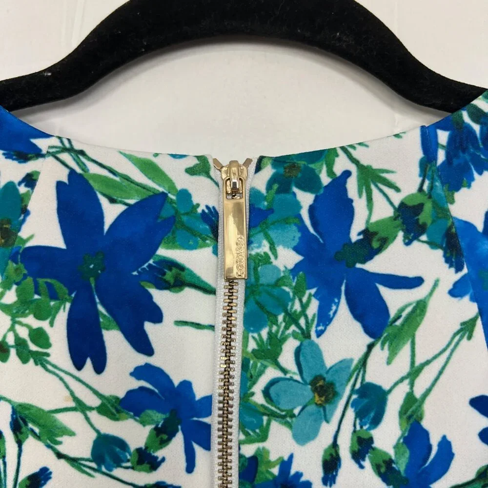 Calvin Klein Blue Green Floral Sheath Dress Ruffle Short Sleeve 4 Small mc - Picture 4 of 5